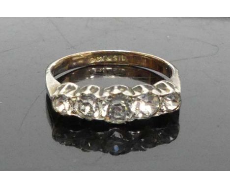 A 9ct gold and silver, white hardstone set half hoop ring, 2.4g, size N