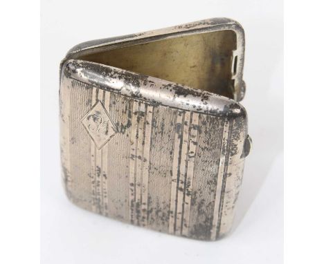 A George V pocket cigarette case, of typical hinged rectangular form, having engraved engine turned and linear decoration, gi