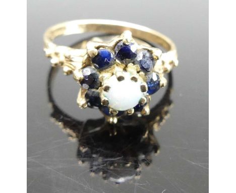 A Victorian style 9ct gold, sapphire and opal set flower head cluster ring, 2.7g, size O