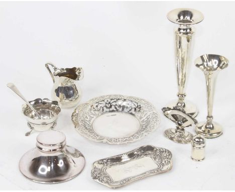 A collection of silver and plated items, to include a pierced dish, Birmingham 1931; capstan inkwell; pin tray; milk jug etcC