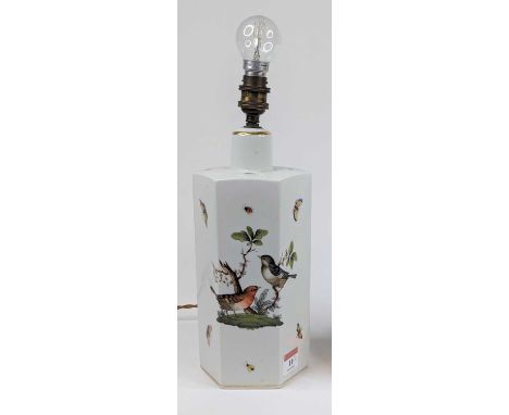 An Herend Rothschild Bird pattern porcelain hexagonal table lamp, height 31cmRequires re-wiring.Large chip to underside and c