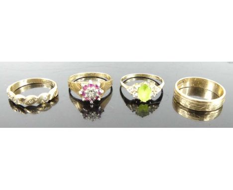 A modern 9ct gold, ruby and diamond point set flower head cluster ring, size M; together with a 9ct gold green topaz and cz s