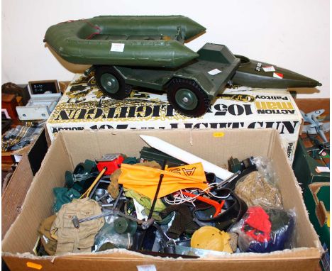 A tray containing action man related accessories, together with an empty box for a 105MM light gun by Pallitoy, etcNote light