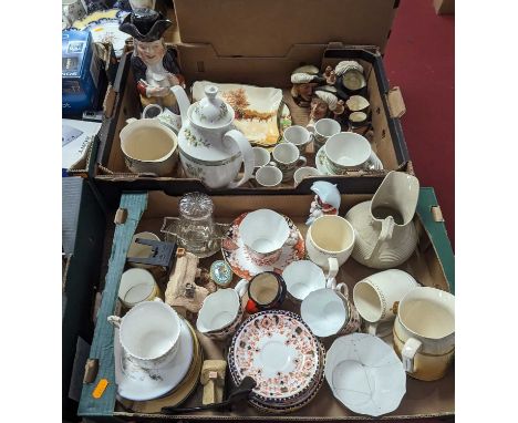 Two boxes of mixed ceramics to include a Royal Crown Derby Imari teacup &amp; saucer, Victorian relief moulded pottery jug, R