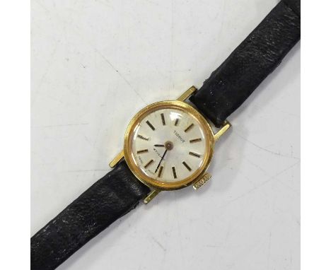 A lady's Tissot Stylist gilt metal cased manual wind wristwatch, on leather bracelet, case dia.18mm, boxed