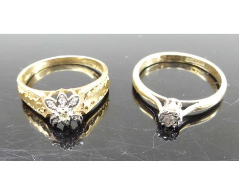 A 9ct gold and illusion diamond set solitaire ring, size P; together with a 9ct gold diamond set flower head cluster ring, si