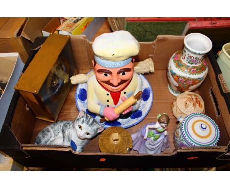 Miscellaneous items, to include a Poole Pottery tobacco jar, Royal Doulton figure of Jessica, and a brass mantel clock etc 