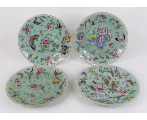 A set of four Chinese celadon porcelain plates enamel decorated with insects and flowers dia. 26cm (a/f) 