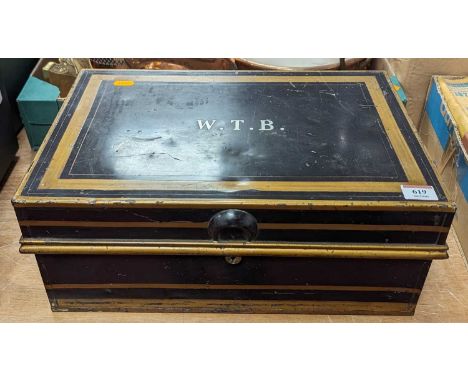 A vintage metal fireproof document box, bearing monogram WTB to the lid, w.42cm 