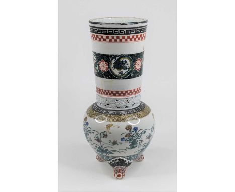 A Japanese porcelain vase, enamel decorated with flowers and dragons, height 36cm (a/f)