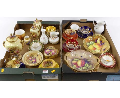 Two boxes of miscellaneous cabinet china to include Aynsley vase &amp; cover of twin handled form, decorated with fruits havi