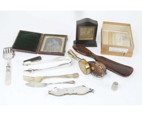 Miscellaneous items to include a daguerreotype double portrait, miniature mandolin, silver plated flatware, opera glasses, et
