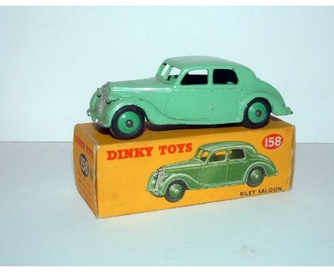 DINKY Toys 158 Light Green Riley Saloon with mid Green Hubs - Good in an Excellent correctly colour coded Card Box.