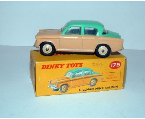 DINKY Toy 175 Hillman MInx - Pale Brown lower Body and Bonnet and Green Roof and Boot with Beige ridged Hubs. Near Mint in a 