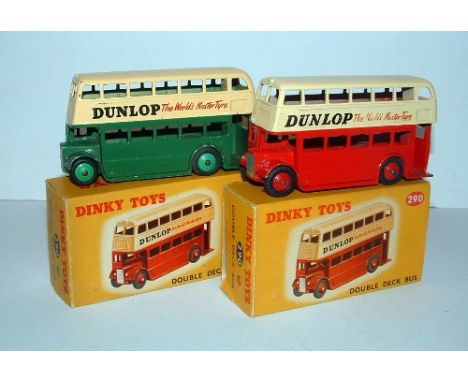 DINKY Toys 2 x 290 Double Deck Buses - Cream and Green 'Dunlop'  with light Green Hubs (EGood Plus in a correctly coded Card 