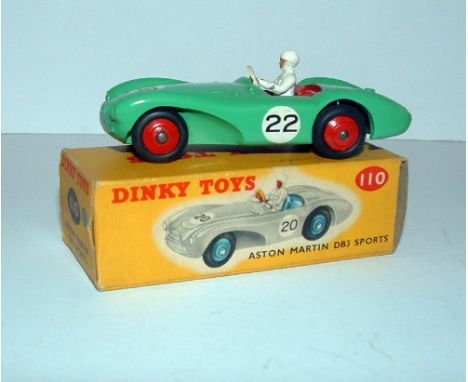 DINKY Toy 110 Mid Green Aston Martin DB3 Sports with Red interior and ridged Hubs and White clad Driver. RN22. Mint in Excell