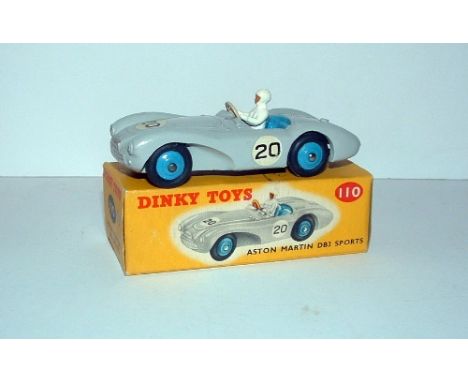 DINKY Toys 110 Grey Aston Martin DB3 Sports Blue interior and Hubs and White clad Driver. RN20. Near Mint in an Excellent cor