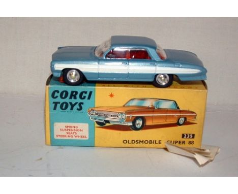 CORGI Toys 235 Light Blue Oldsmobile Super 88 with Red Interior and White Side Flash. Mint with Corgi Leaflet in a Mint Box w