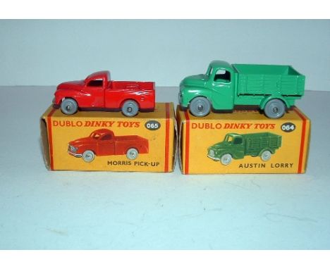 DUBLO DINKY x 2 - 064 Green Austin Lorry with Grey smooth Wheels (Mint Boxed) and 065 Red Commer Pick up with Grey smooth Whe