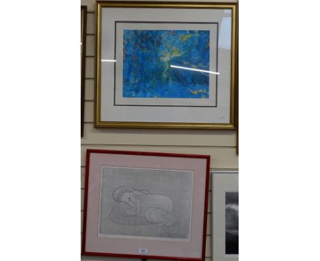 Pamela Bosanquet, engraving, Rebecca, 1985, signed in pencil, plate size 12" x 16", and A Morgan, coloured engraving, masked 