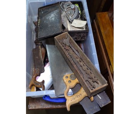 A box of Vintage hand tools, saws, and various hardware 