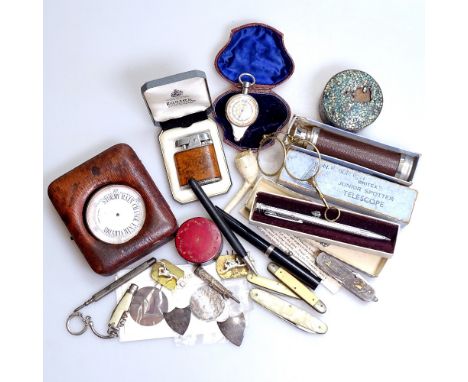 A boxed pencil, lighter, telescope, fountain pen, knives etc 