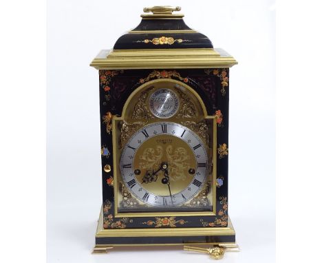 A lacquered bracket clock with brass mounts, and movement by Comitti of London, with chinoiserie bird and floral decoration, 