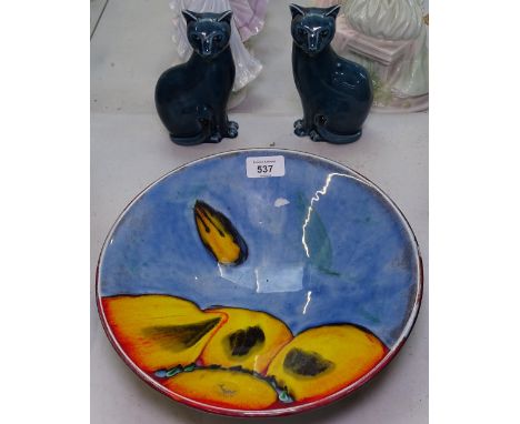 Poole Pottery dish with abstract design, 27cm, and a pair of Poole cats 