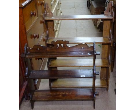 2 stained wood hanging shelf units 