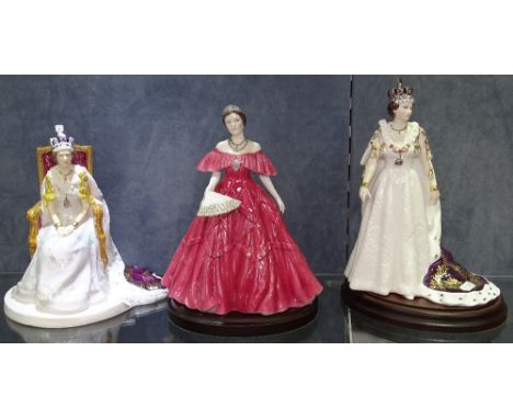 Royal Doulton Diamond Jubilee Queen figure, another, and Royal Worcester Queen Elizabeth The Queen Mother 2000 figure, height