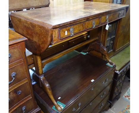 A burr-walnut drop leaf sofa table with 2 frieze drawers, W102cm 