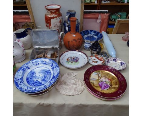 Victorian vase and plates, Vienna plate, glass rolling pin etc 