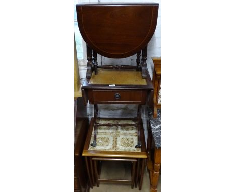 A teak G-Plan tile-top nest of 3 tables, a reproduction drop leaf table, and a reproduction mahogany sofa table of small size