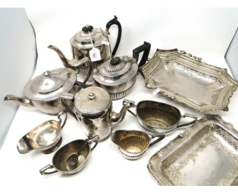 An embossed Dutch silver caddy spoon, miscellaneous plated tea and coffeeware, and 2 swing-handled serving baskets 