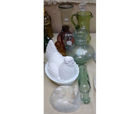 Green glass jug, 26cm, flask, hen egg container etc 