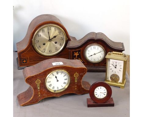 A carriage clock, a bedside clock, and 3 mantel clocks 