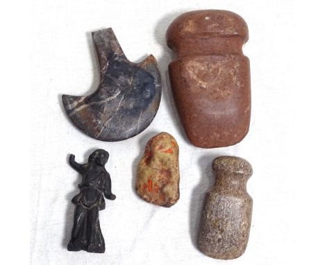 Various stone tools, a metal figure, 9.5cm etc 