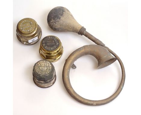 Brass Vintage car horn, and 3 large brass tractor wheel nuts (4) 