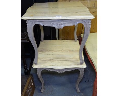A pair of marble-top lamp tables on carved painted bases, W57cm 