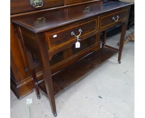 An Edwardian mahogany and satinwood-banded console table, with 2 frieze drawers and shelf below, raised on square tapered leg