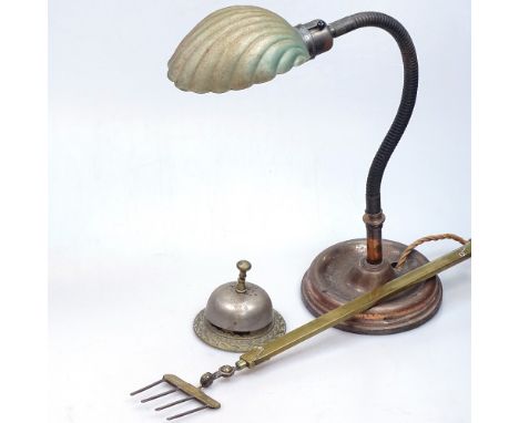 A Vintage shell shade desk lamp, brass extending toasting fork, and a desk bell (3) 