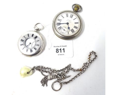A silver half hunter pocket watch, and a Harrals type leaver pocket watch and fob chain 