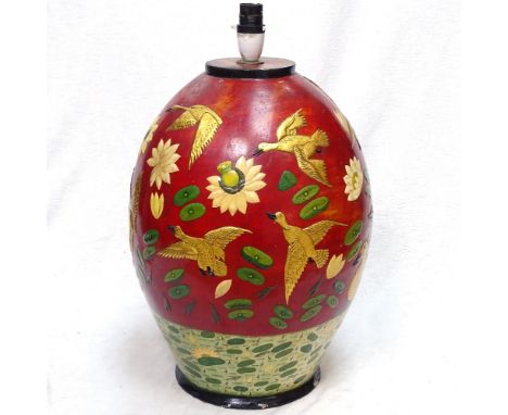 Oriental lacquered painted and gilded table lamp, height 48cm overall 