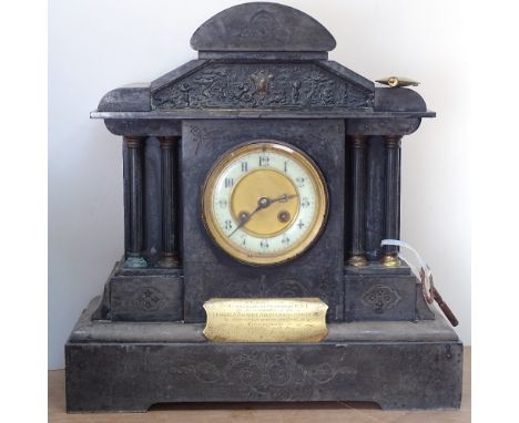 An architectural slate-case mantel clock, length 38cm 