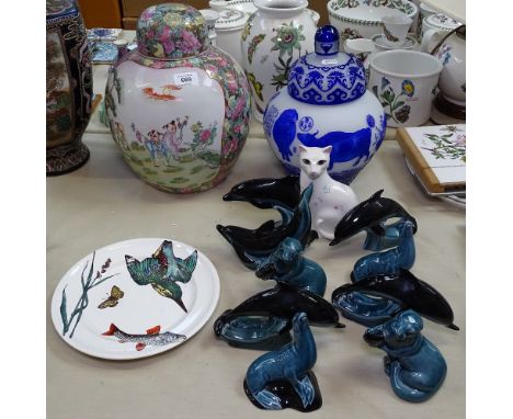 A Chinese blue and white glass jar and cover, 30cm, an Oriental ceramic jar and cover, and a hexagonal vase 