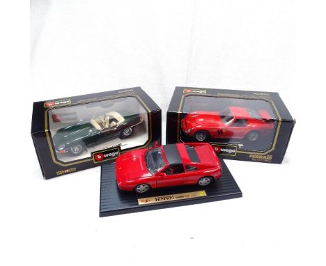 Boxed Burago Ferrari and Jaguar, and a Maisto Ferrari 