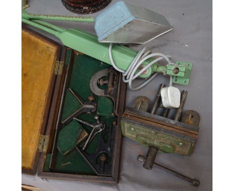A Sorby vice, an adjustable workbench lamp, and a tool set by Moore &amp; Wright 