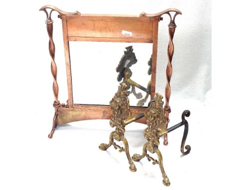 A copper-framed firescreen, with twist supports and mirror panel, height 54cm, and a pair of firedogs 