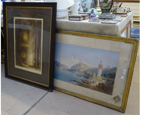 A pair of large coloured etchings, architectural Cathedral scenes, together with a large coloured print framed (3) 