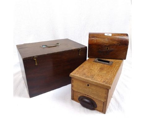 A mahogany dome-top tea caddy, a table-top till, and a mahogany box, width 36cm (3) 